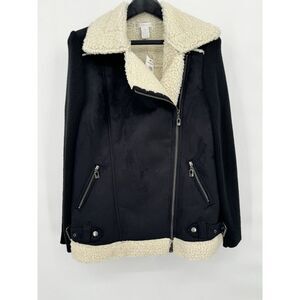 NWT Design History Faux Shearling Open Front Coat Women's size Large Onxy